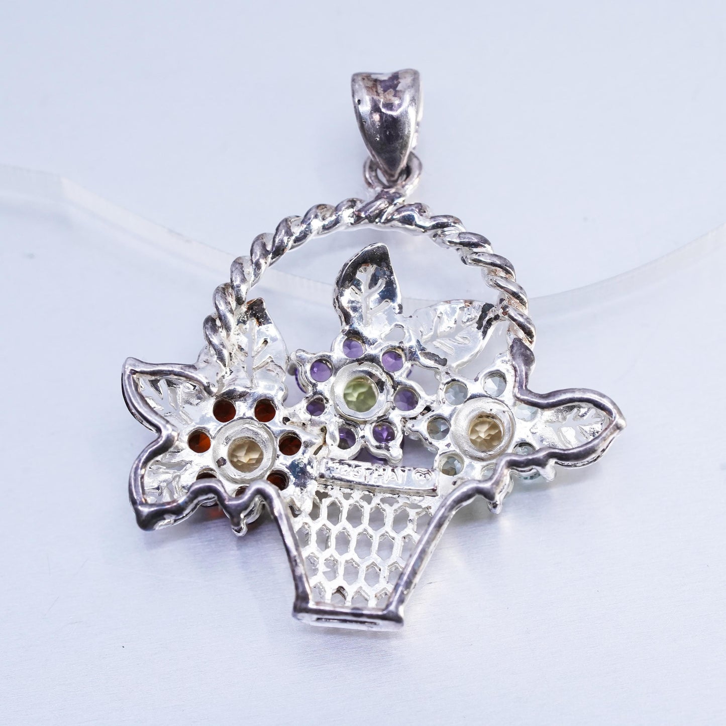 Vintage Sterling 925 Silver Flower Basket Pendant Multi Gemstone Floral Bouquet