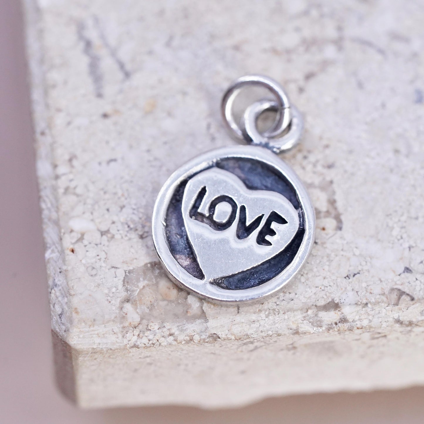 Vintage sterling silver handmade pendant, 925 circle tag charm embossed "love"