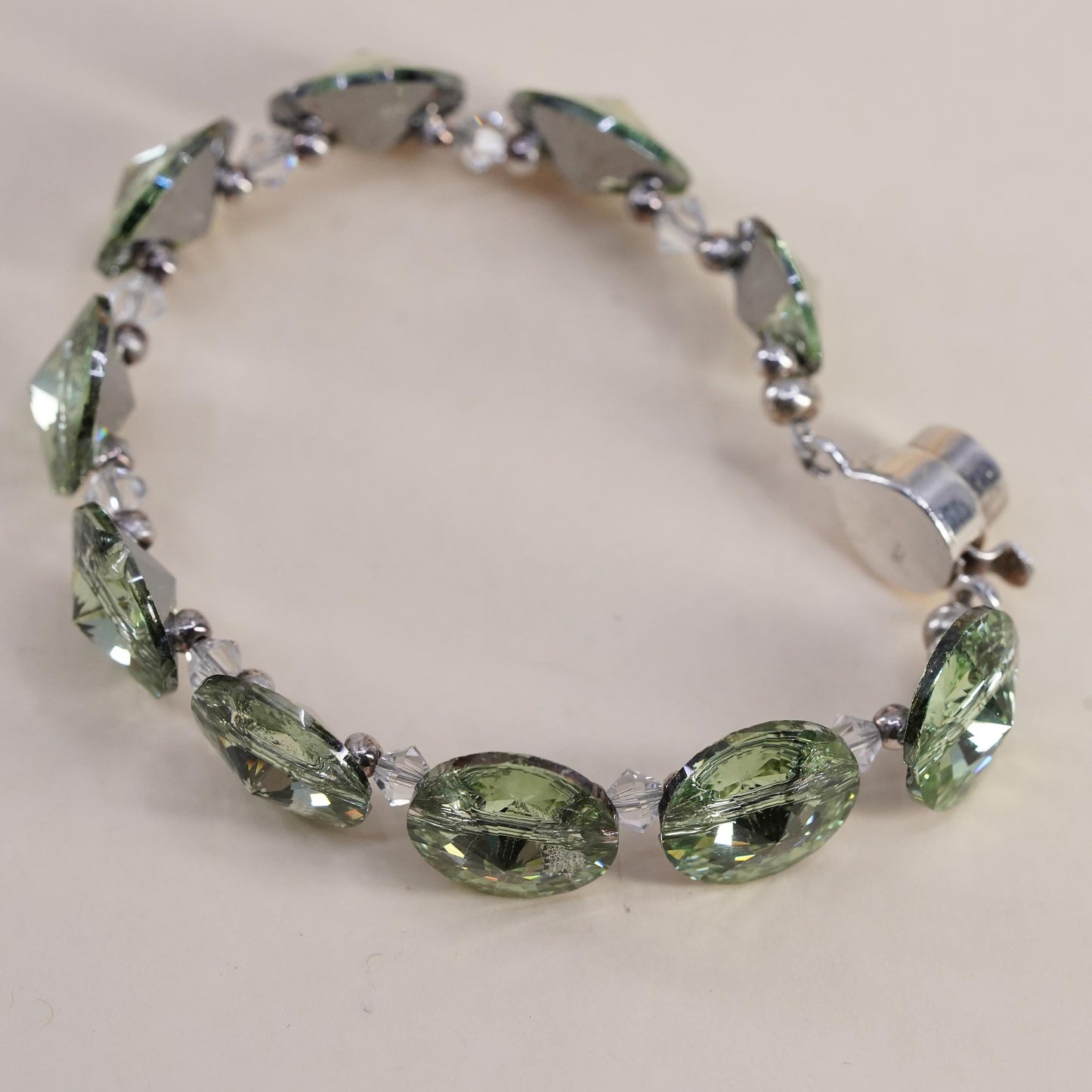 6.5", VTG Crystal Bracelet, Light Green Rivoli Crystal, Sterling 925 Silver