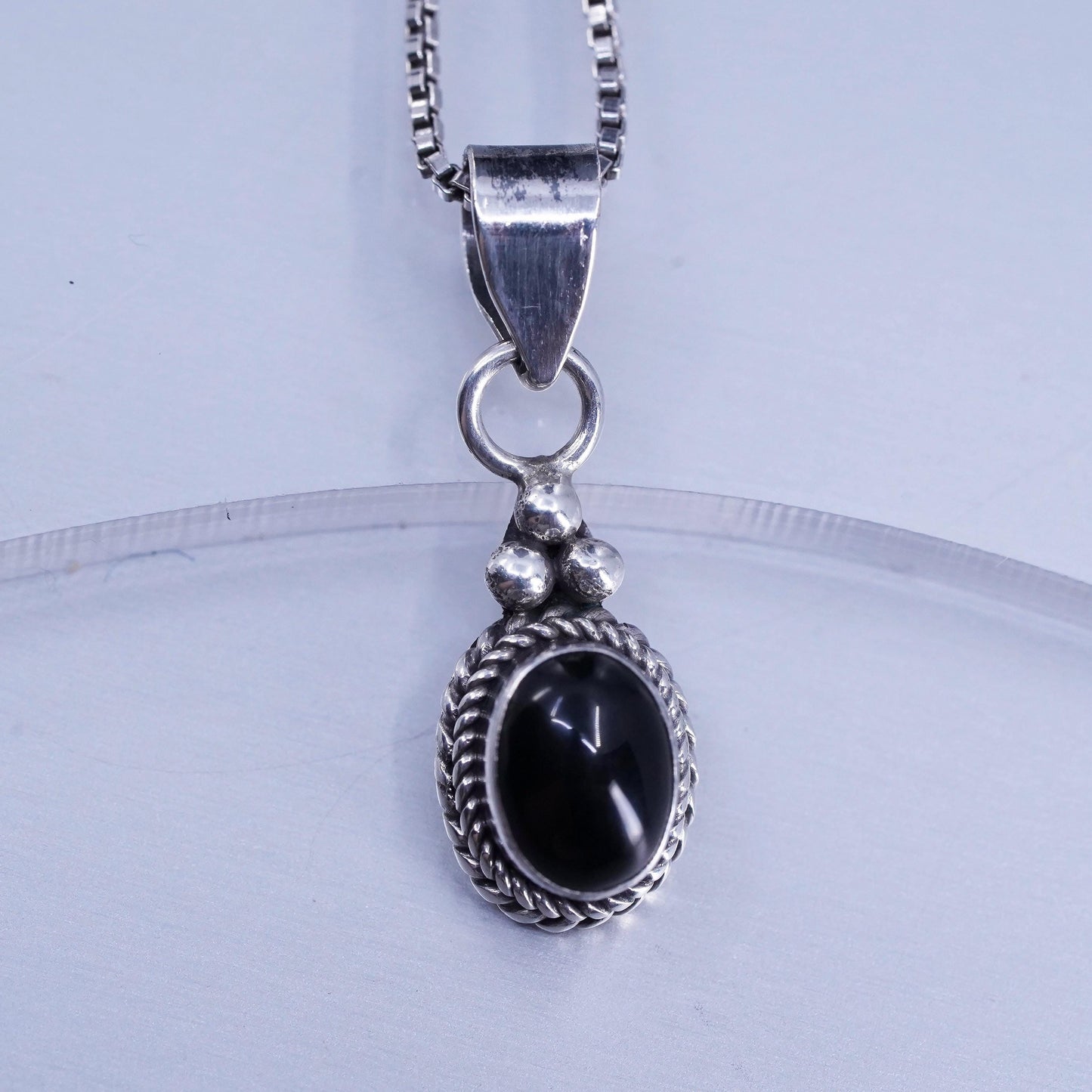 16”, vintage Sterling 925 silver handmade box chain necklace oval onyx pendant