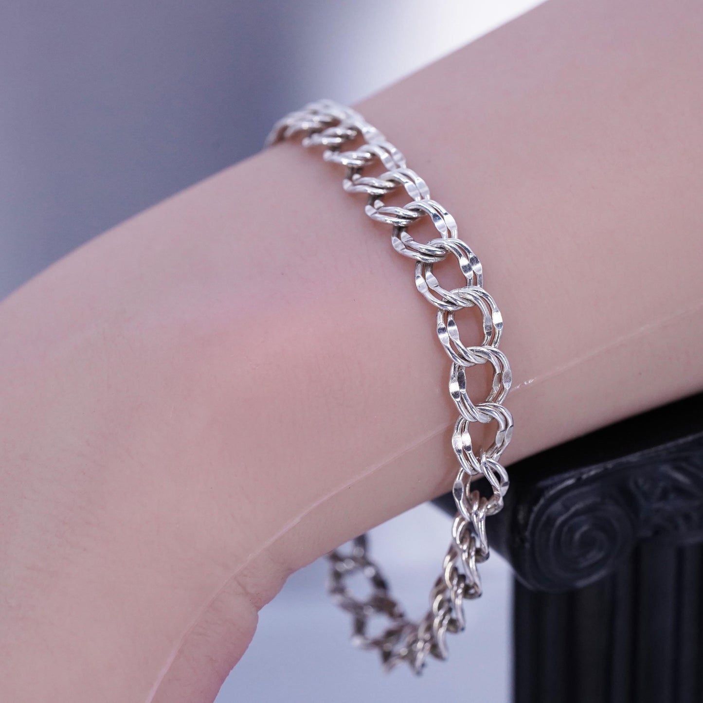 7”, Vintage Italy Sterling 925 silver handmade bracelet, double curb link chain