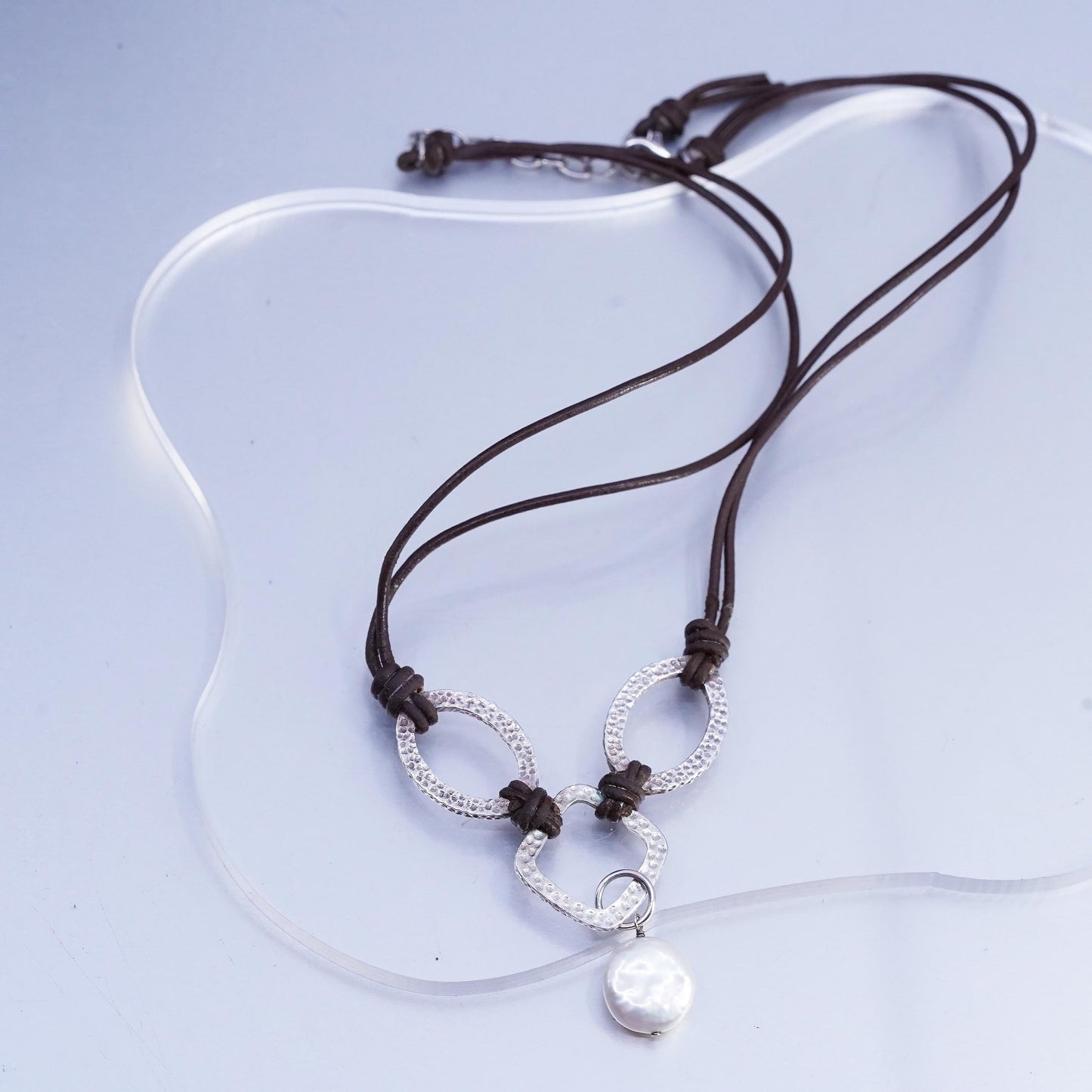 16+2”, Silpada .925 Sterling Silver Handmade Pearl brown Leather Necklace N1257