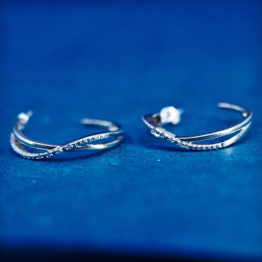 1”, Vintage Sterling 925 silver earrings, hoops, huggie w/ diamond