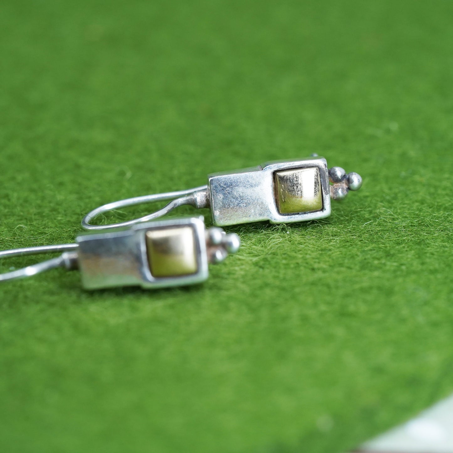 Vintage two tone Sterling 925 silver handmade earrings with 14K gold square