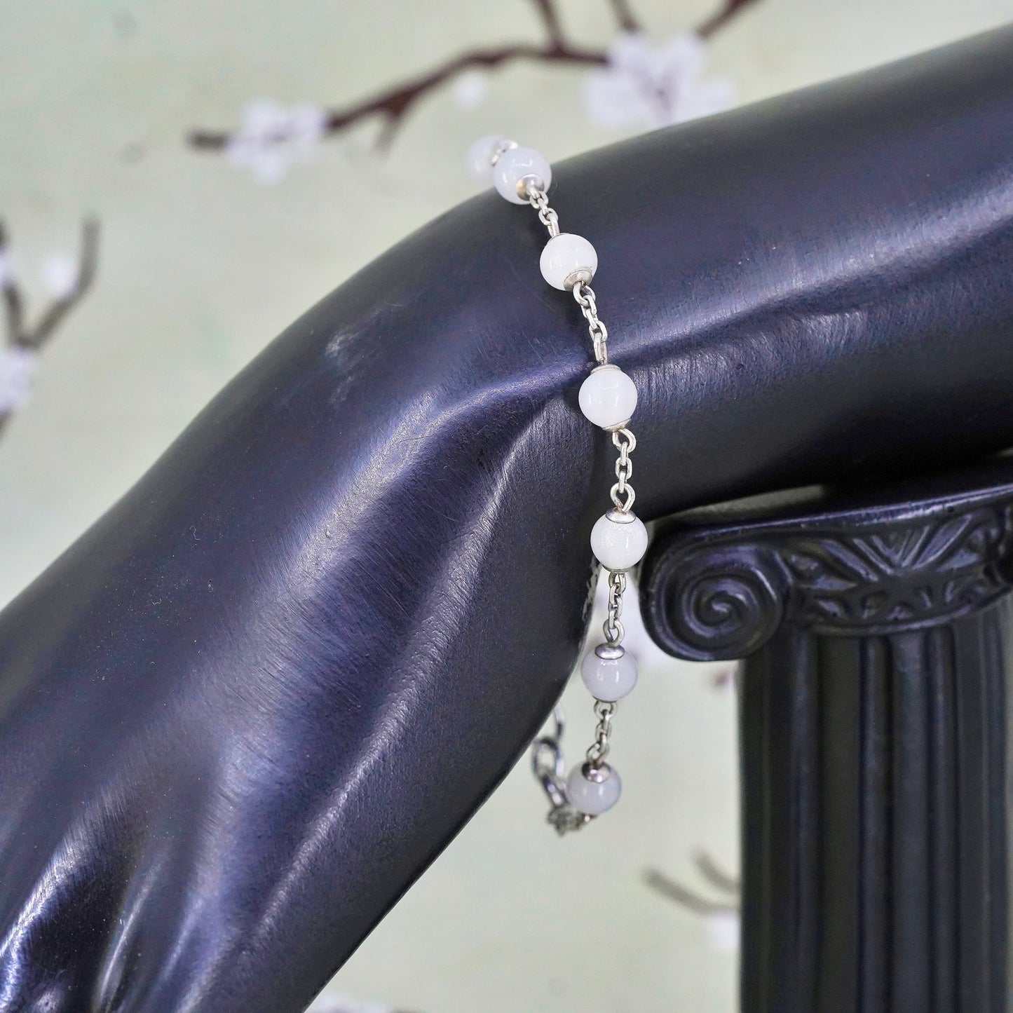 7.25”, vintage sterling 925 silver handmade bracelet with crystal beads