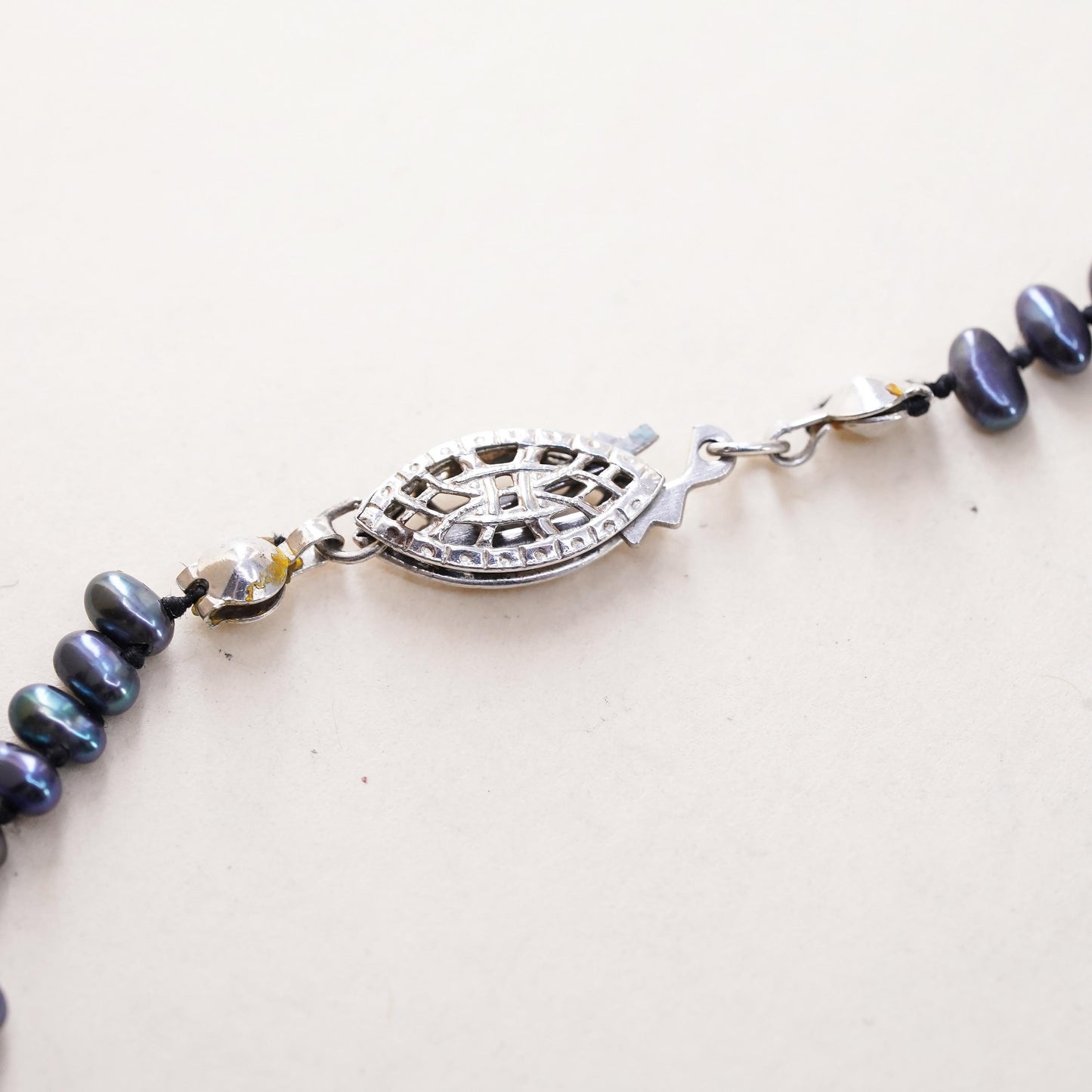 8", vintage sterling 925 silver handmade bracelet with black pearl beads