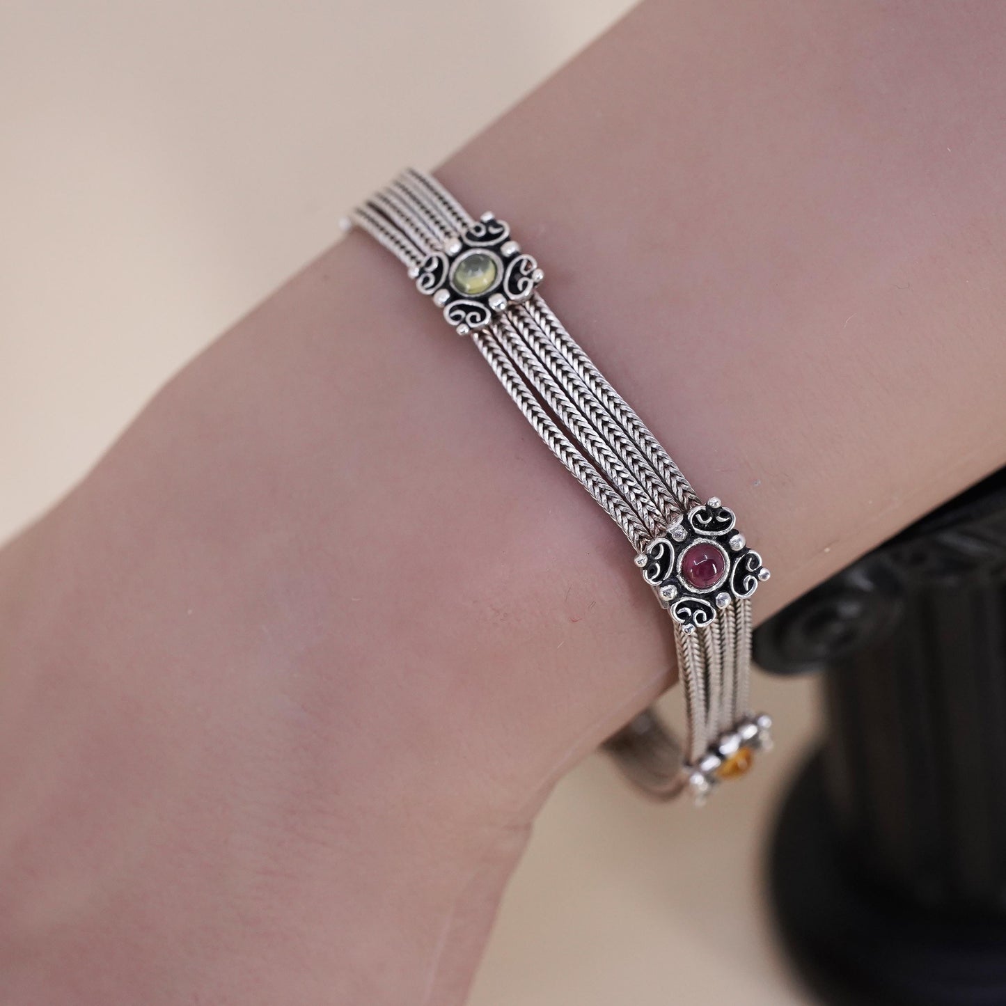 7”, VTG sterling silver bracelet, multi strands 925 wheat chain color crystal