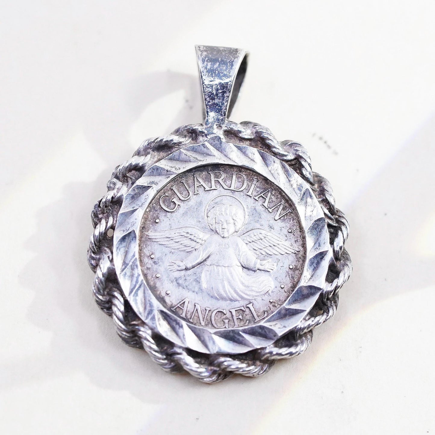 VTG Sterling silver pendant, 999 fine silver guardian angel coin in 925 cable