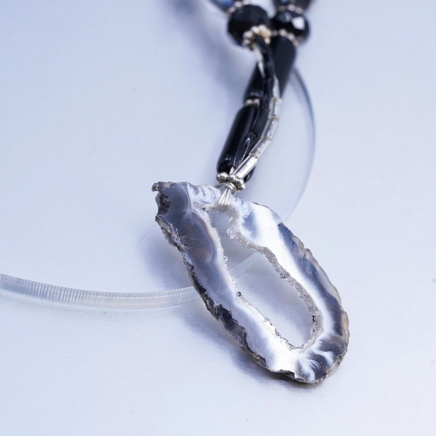 18” Sterling 925 Silver black agate beads necklace with pendant toggle closure