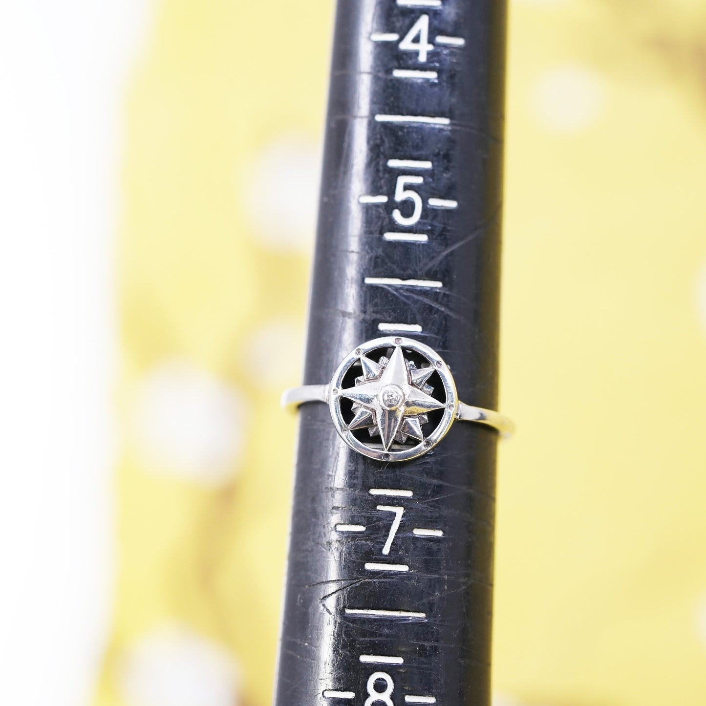 Size 6, vintage Sterling silver handmade star ring, 925 compass band with cz
