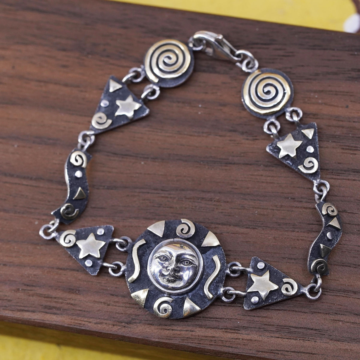 6.5", vintage two tone Sterling silver handmade bracelet, 925 sun face charm