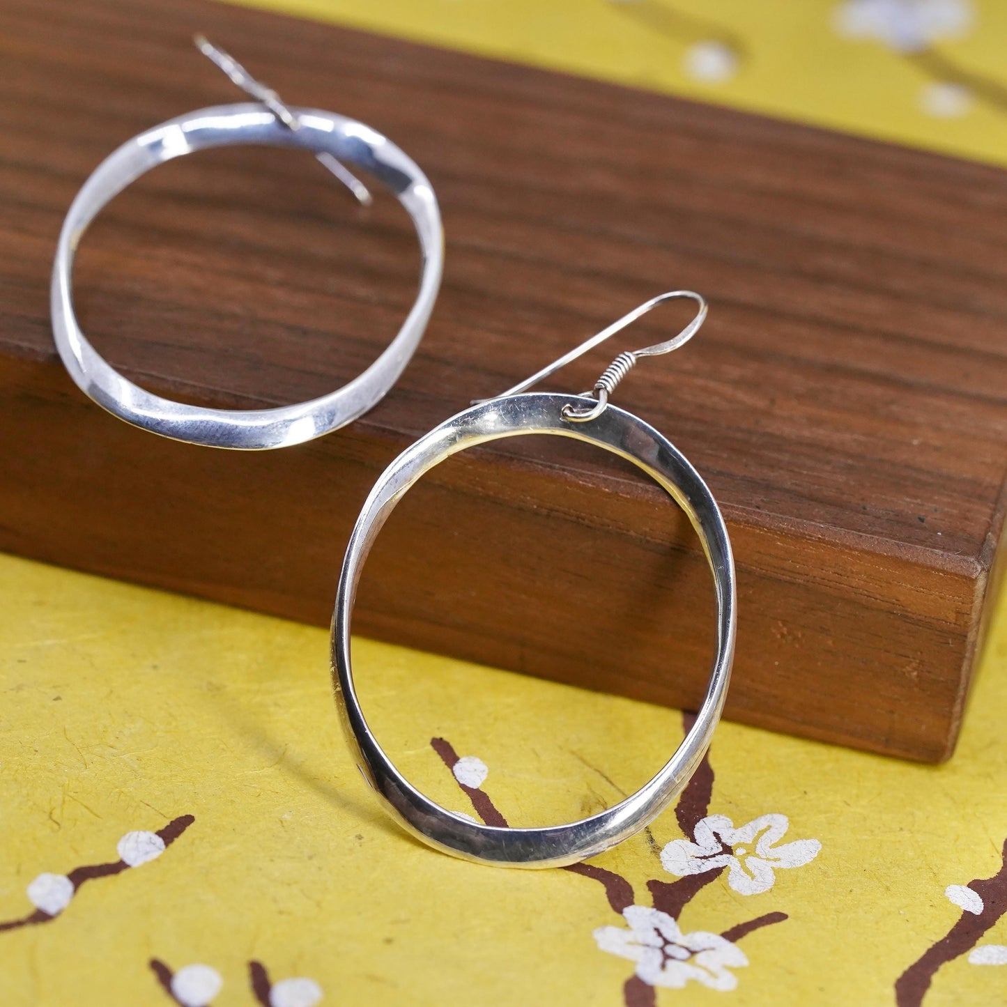 1.5", vintage Sterling silver handmade earrings, 925 oval twisted hoops