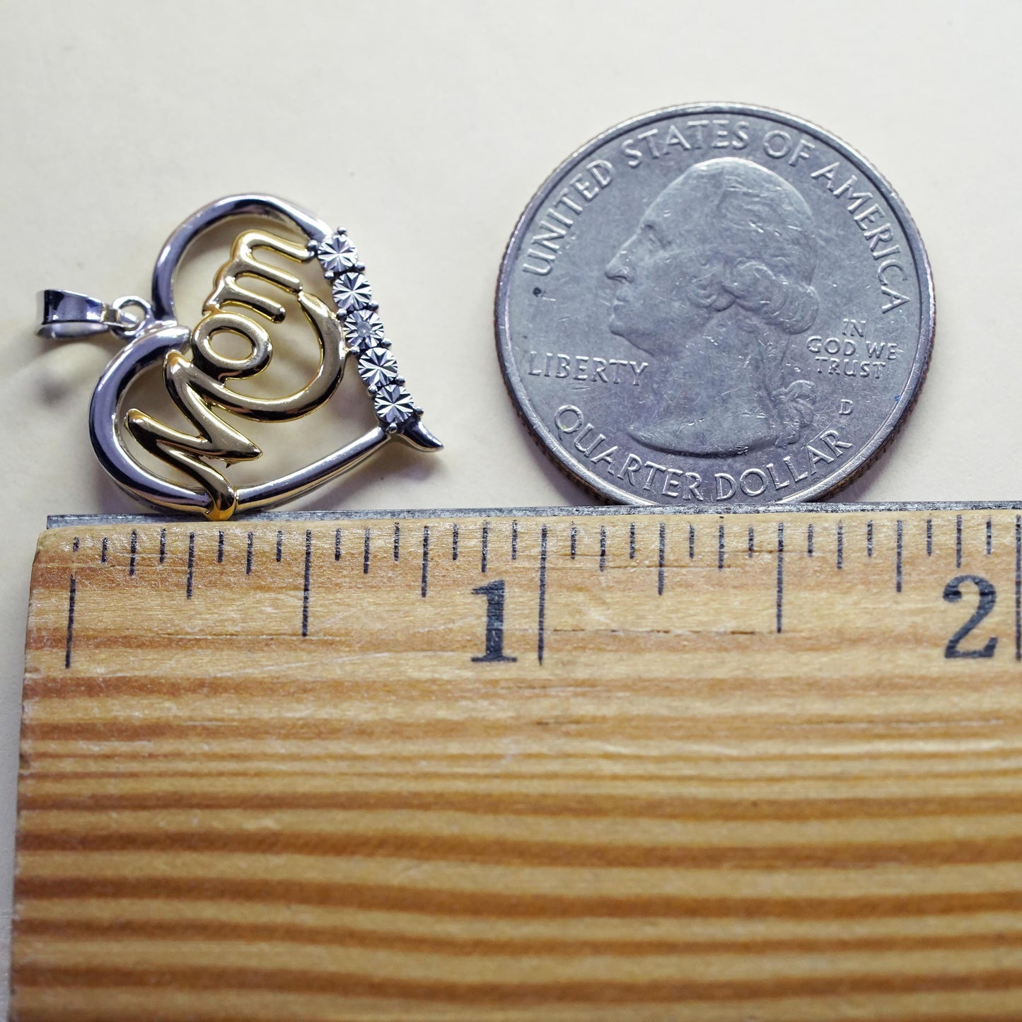 Vintage two tone Sterling 925 silver heart pendant with Mom diamond detailing