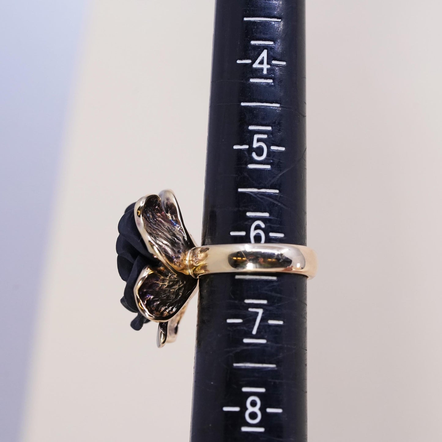 Size 6, Vermeil gold sterling silver ring, 925 silver ring black clay flower