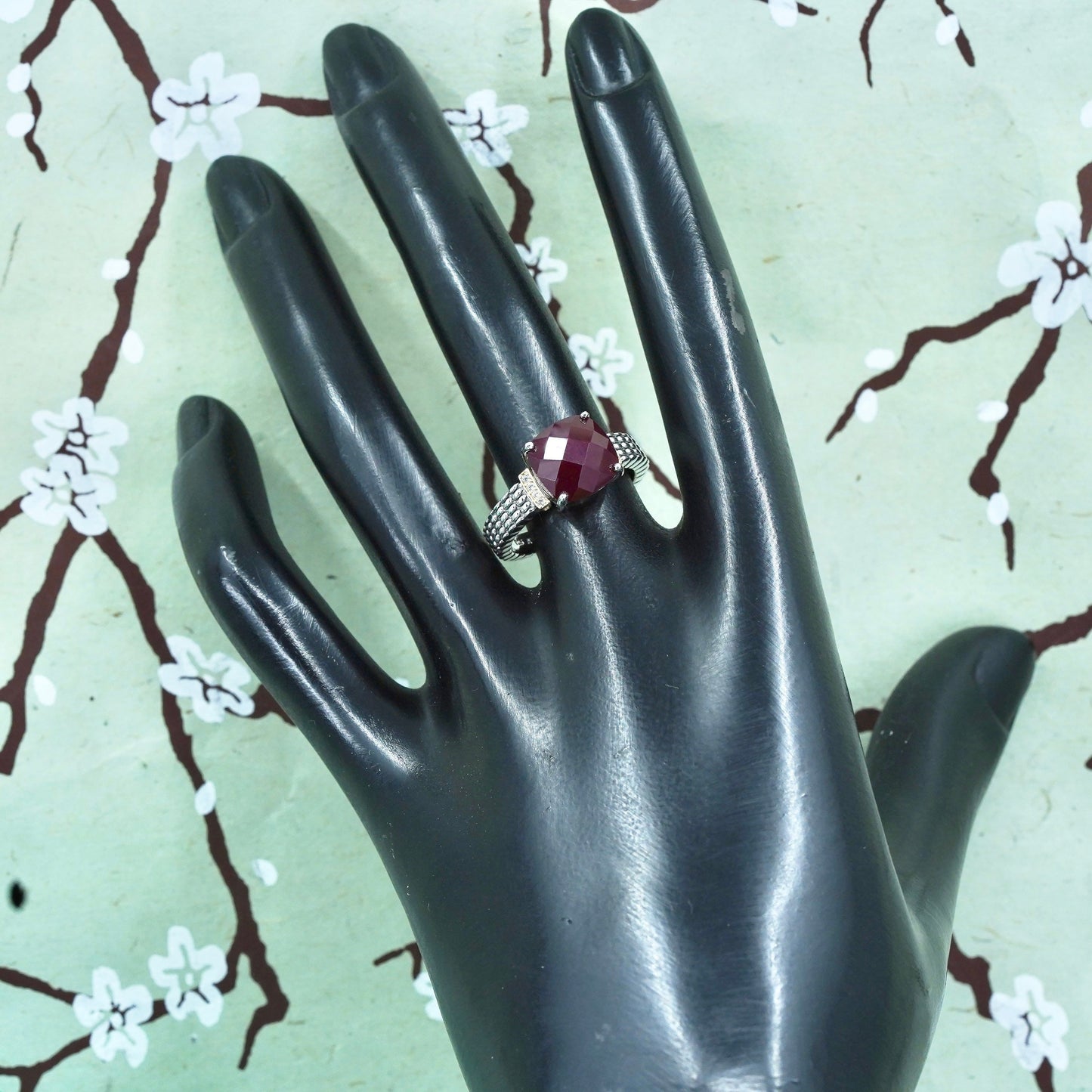 Size 7.25, vtg 14K gold accent with sterling 925 silver ring with ruby diamond