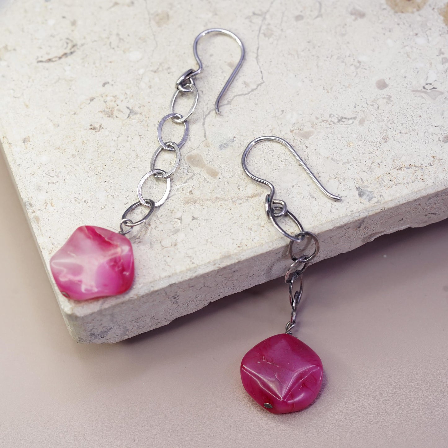 Vintage sterling 925 silver handmade earrings with agate nugget dangles