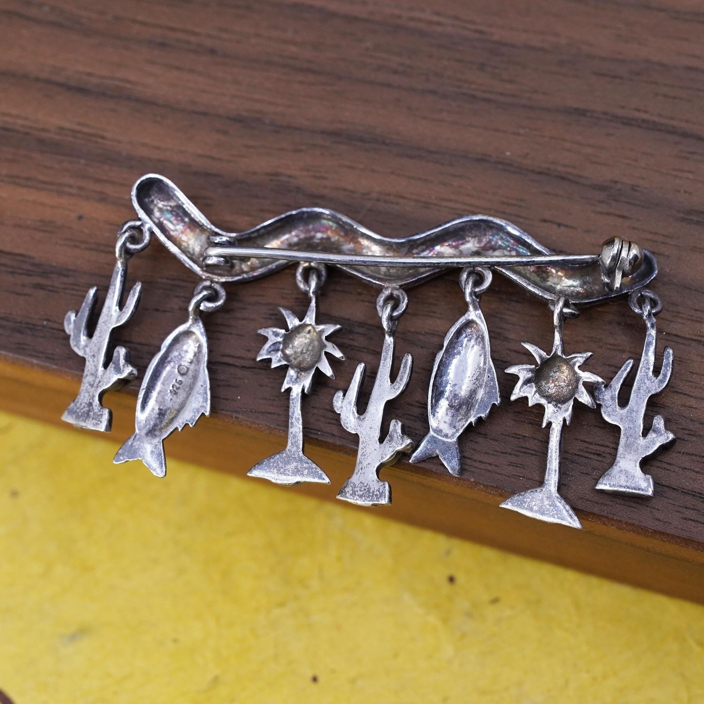 VTG Mexican sterling 925 silver handmade brooch cactus palm tree fish charms