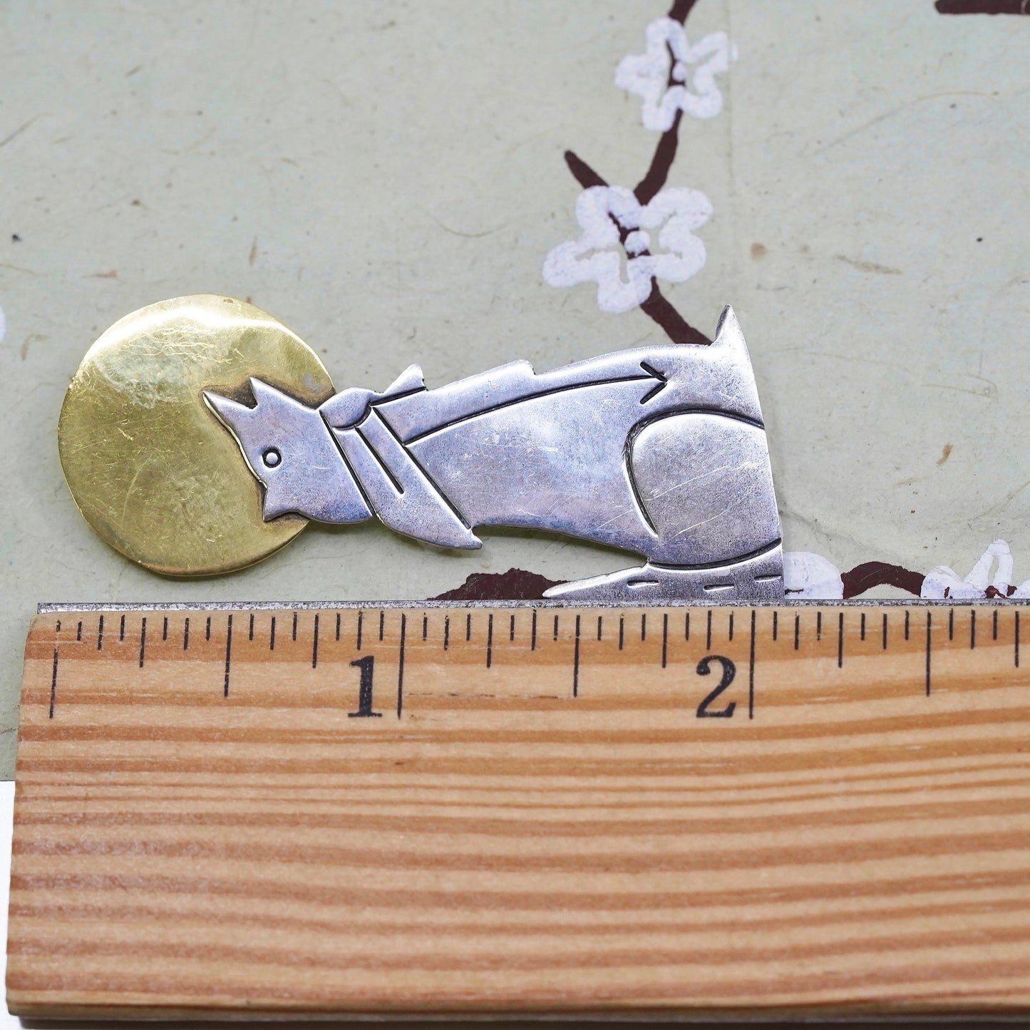 VTG Mexican two tone sterling silver brooch, 925 wolf werewolf full moon pin