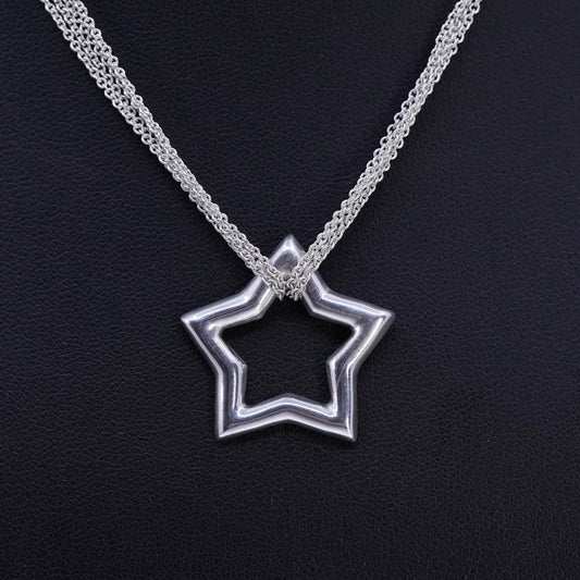 16", vintage Italian Sterling 925 silver multi strands circle chain necklace with star pendant