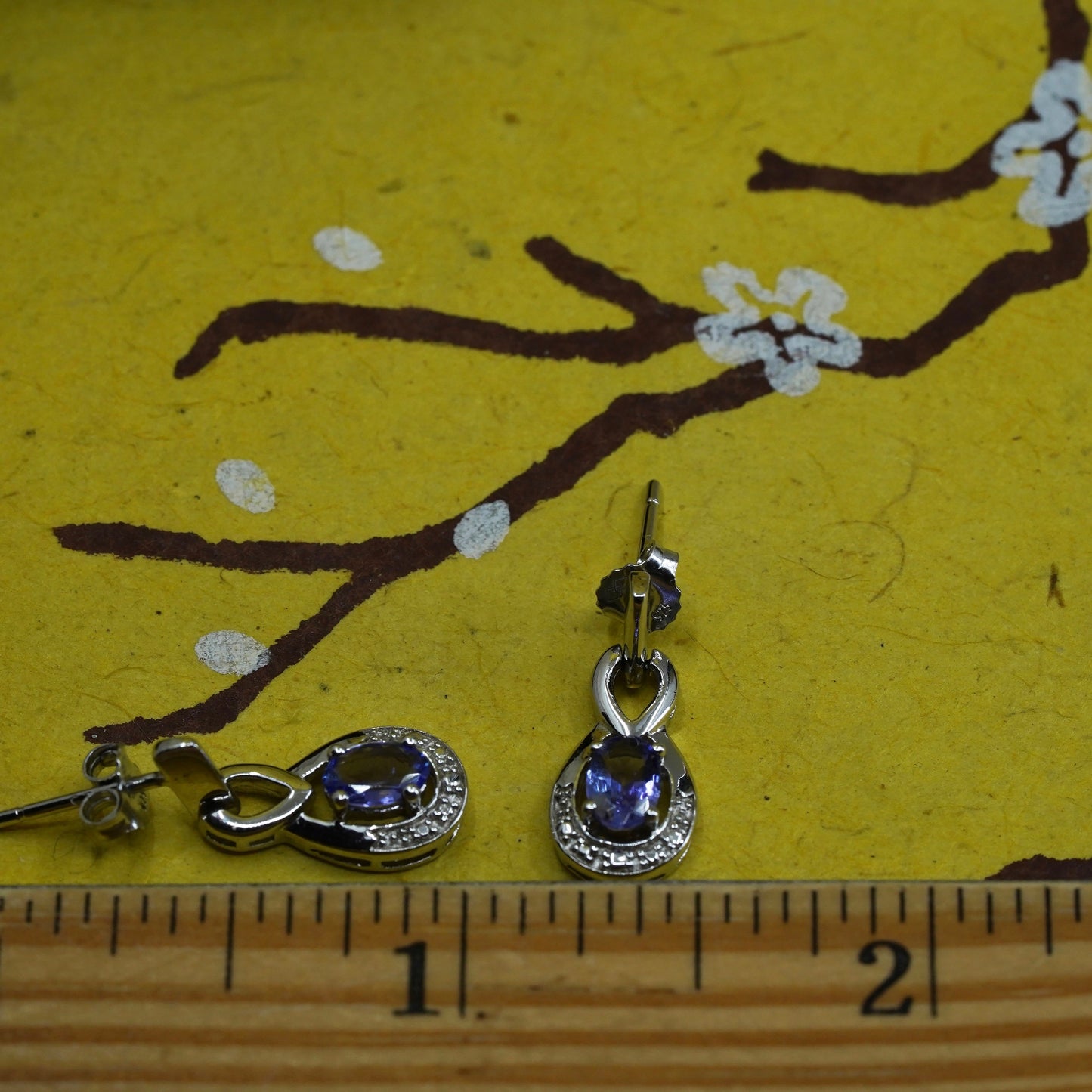 Vintage Sterling 925 silver teardrop earrings with amethyst and diamond