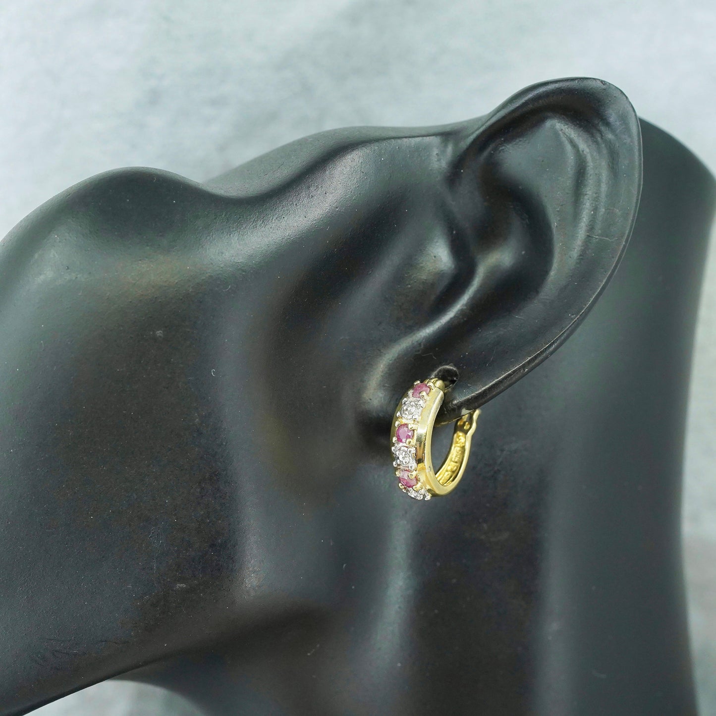 0.5”, vermeil gold over Sterling silver earrings, 925 huggie hoops ruby diamond