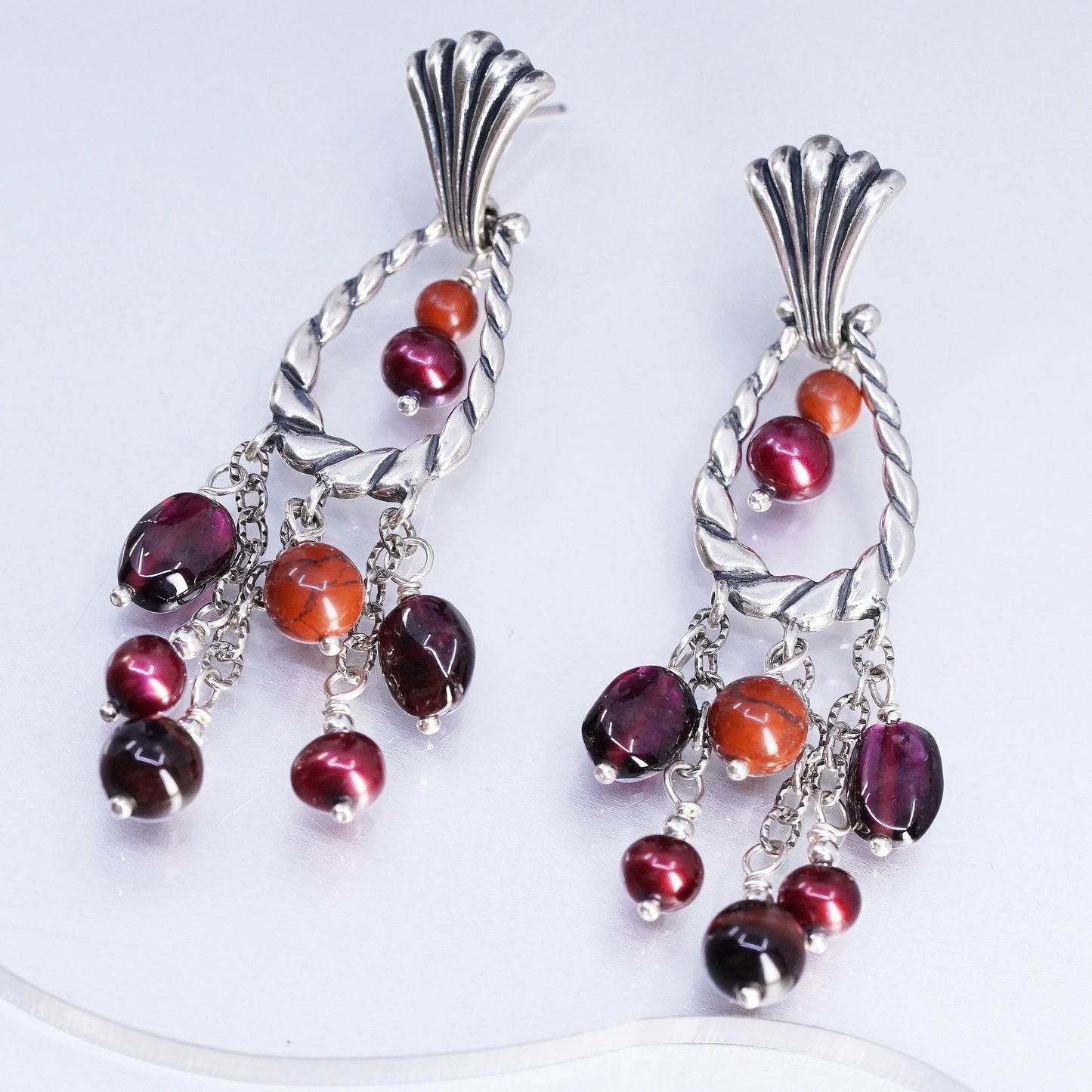 Carolyn Pollack 925 Sterling Silver Garnet Chandelier Earrings, Pearl Dangles