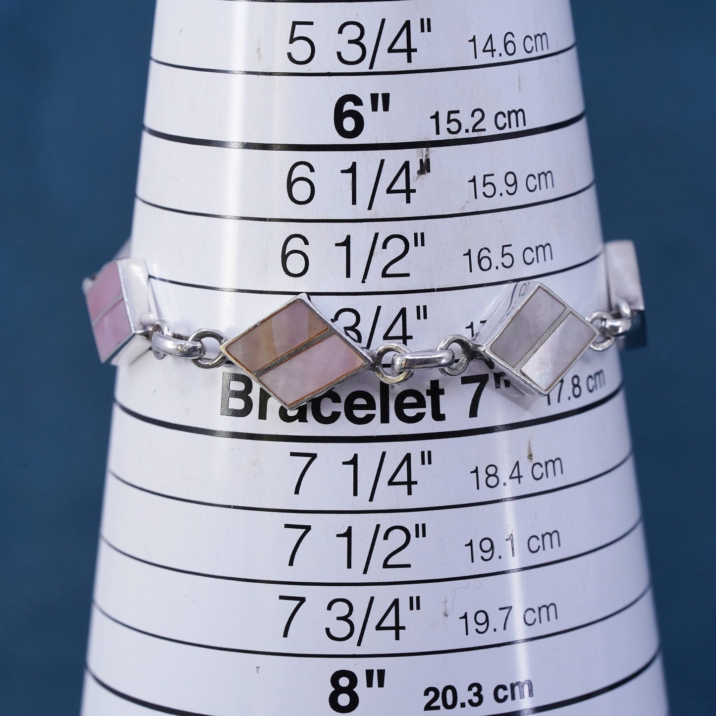 7", vintage sterling 925 silver handmade bracelet with mother of pearl inlay