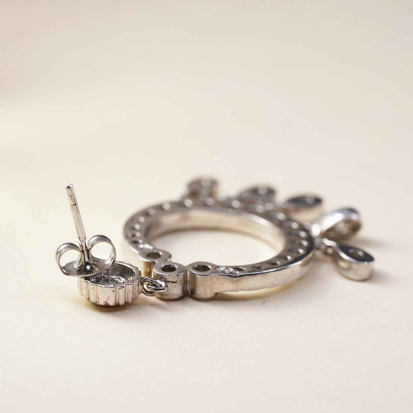 Vintage sterling silver single earring, 925 silver circle dangle with clear Cz