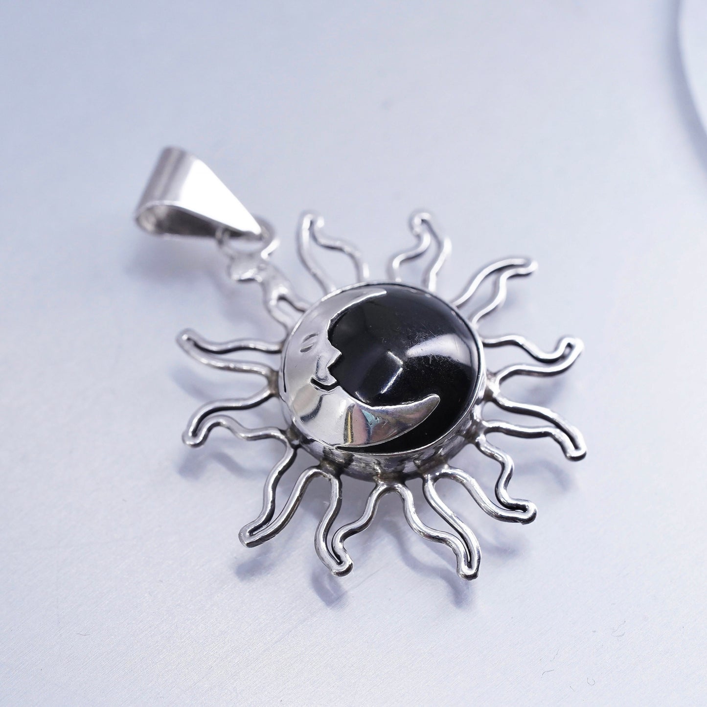 Vintage Sterling silver handmade 925 sun moon face charm pendant with onyx