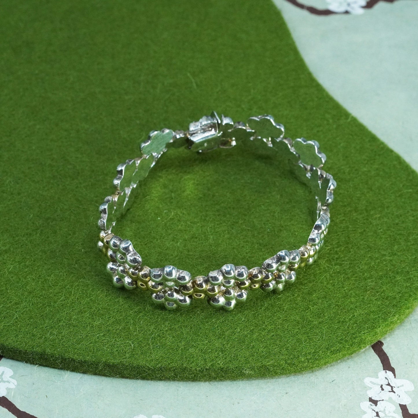 6.5”, Italian two tone Sterling Silver 925 chain, bead textured tennis Bracelet