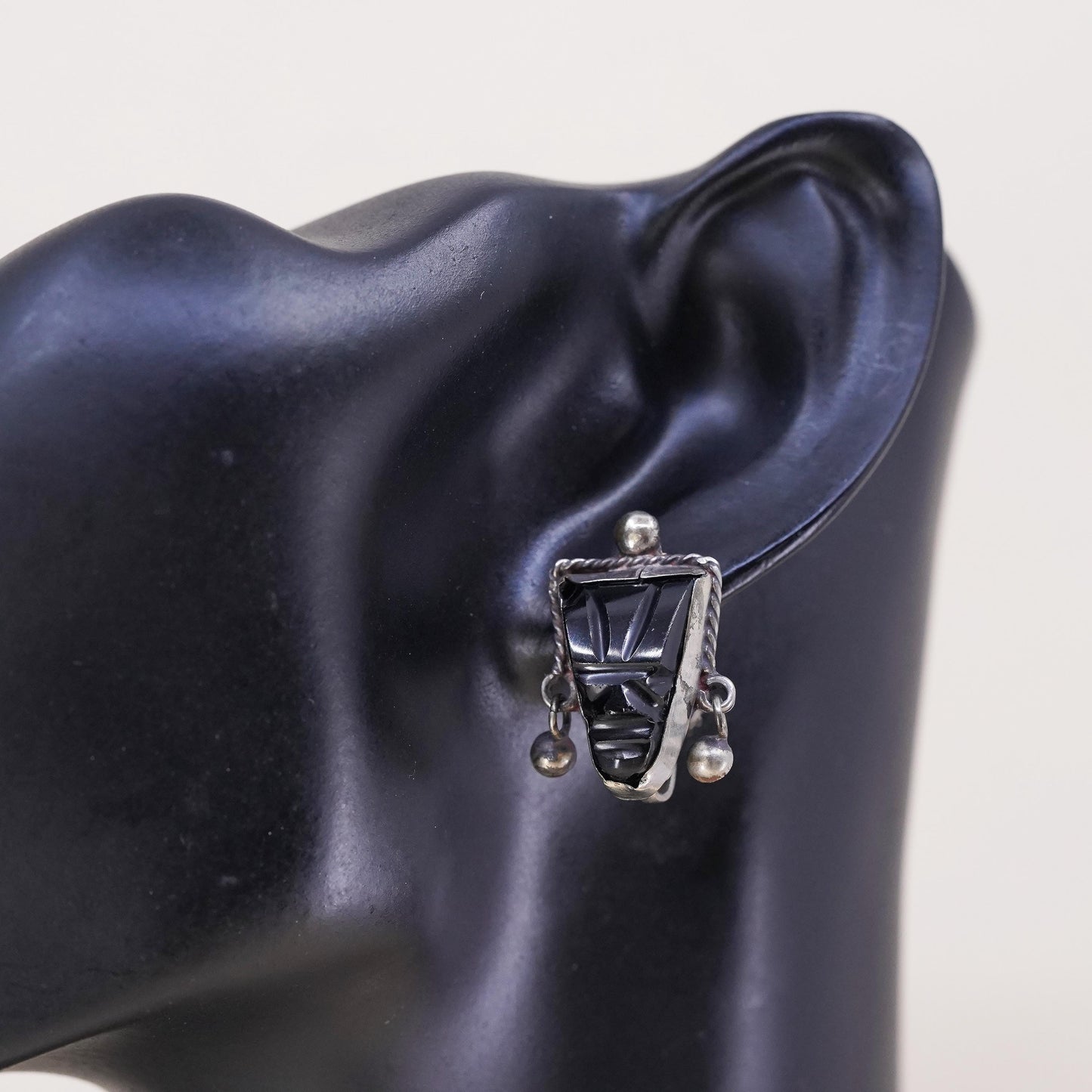 Mexican sterling silver single earring, 925 screw back Carved Warrior Onyx