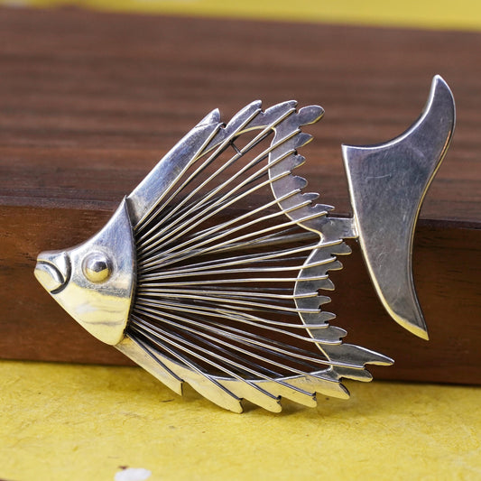 Vintage Mexican sterling 925 silver handmade tropical fish brooch