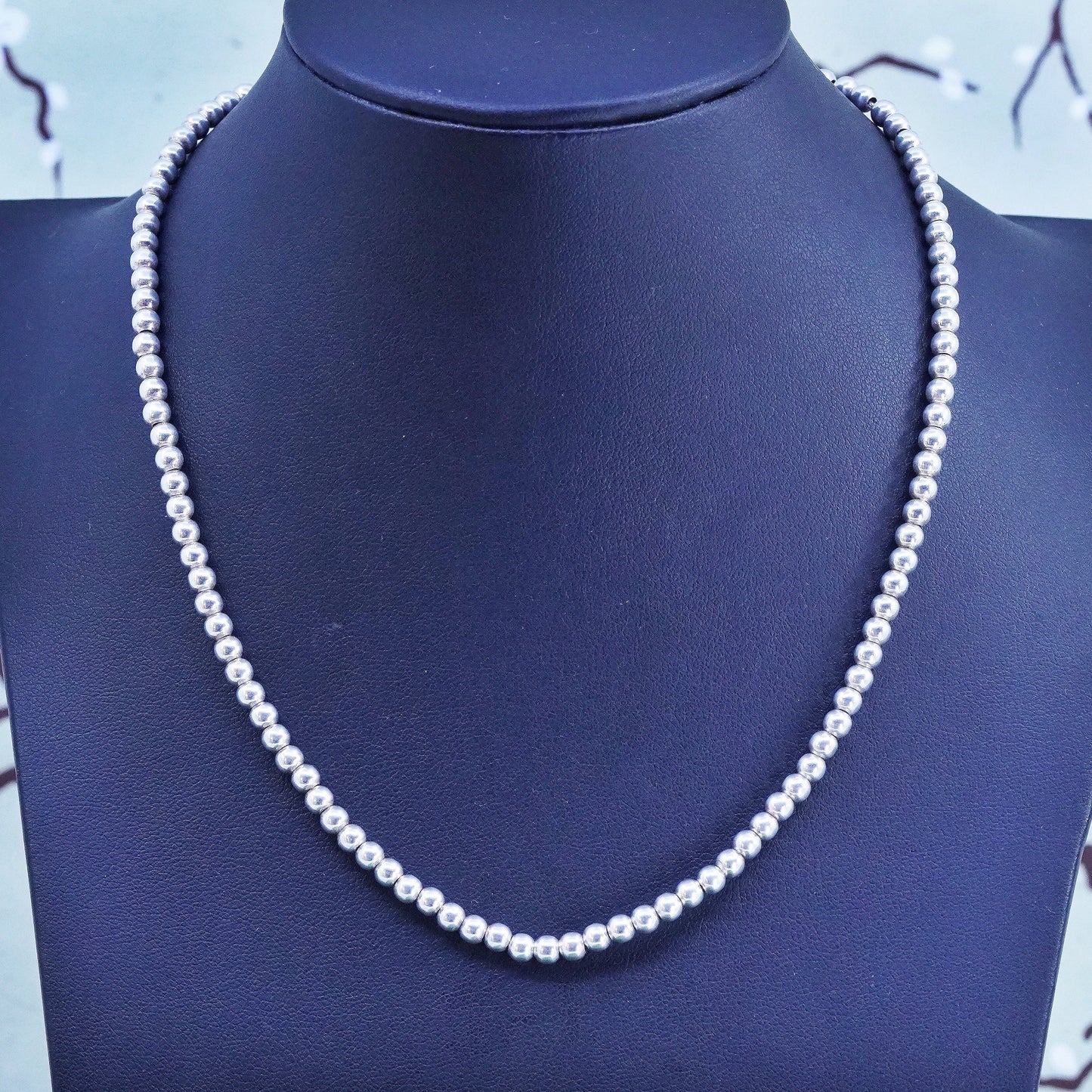 16" 4mm, vintage Sterling silver necklace, 925 silver beads necklace