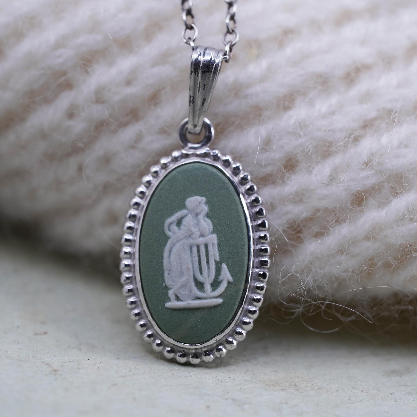 16” English Sterling silver handmade necklace, 925 oval pendant cameo woman