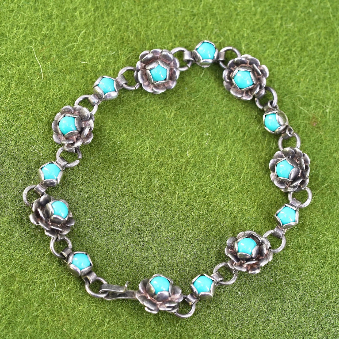 6.25", Sterling silver handmade bracelet, Mexico 925 flower with turquoise