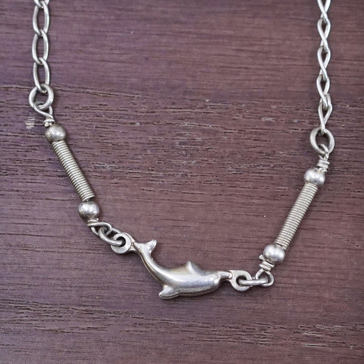 16”, vintage Sterling 925 Silver curb Chain Necklace with dolphin Pendant