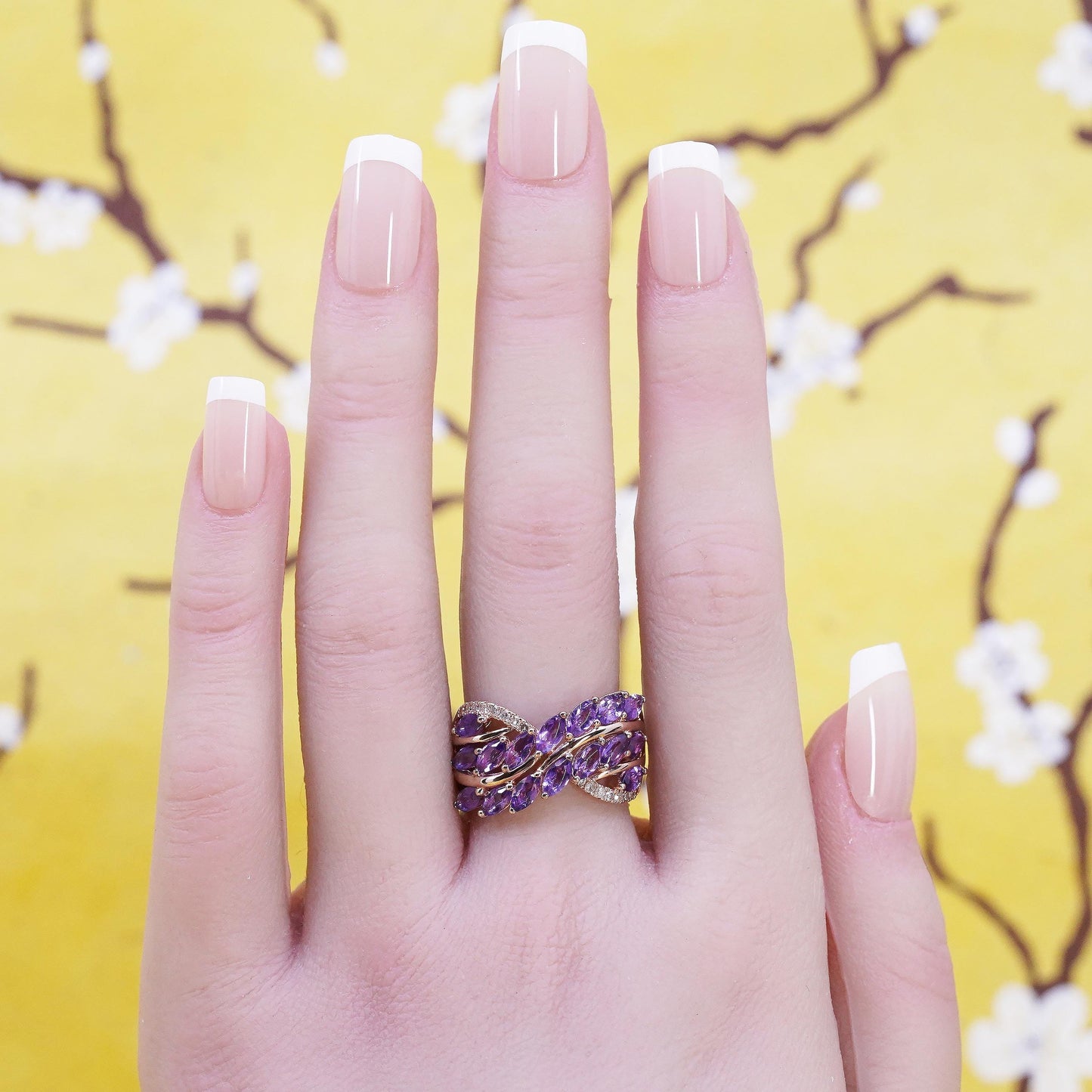 Size 7.25, PM vermeil rose gold over Sterling 925 silver ring amethyst diamonds