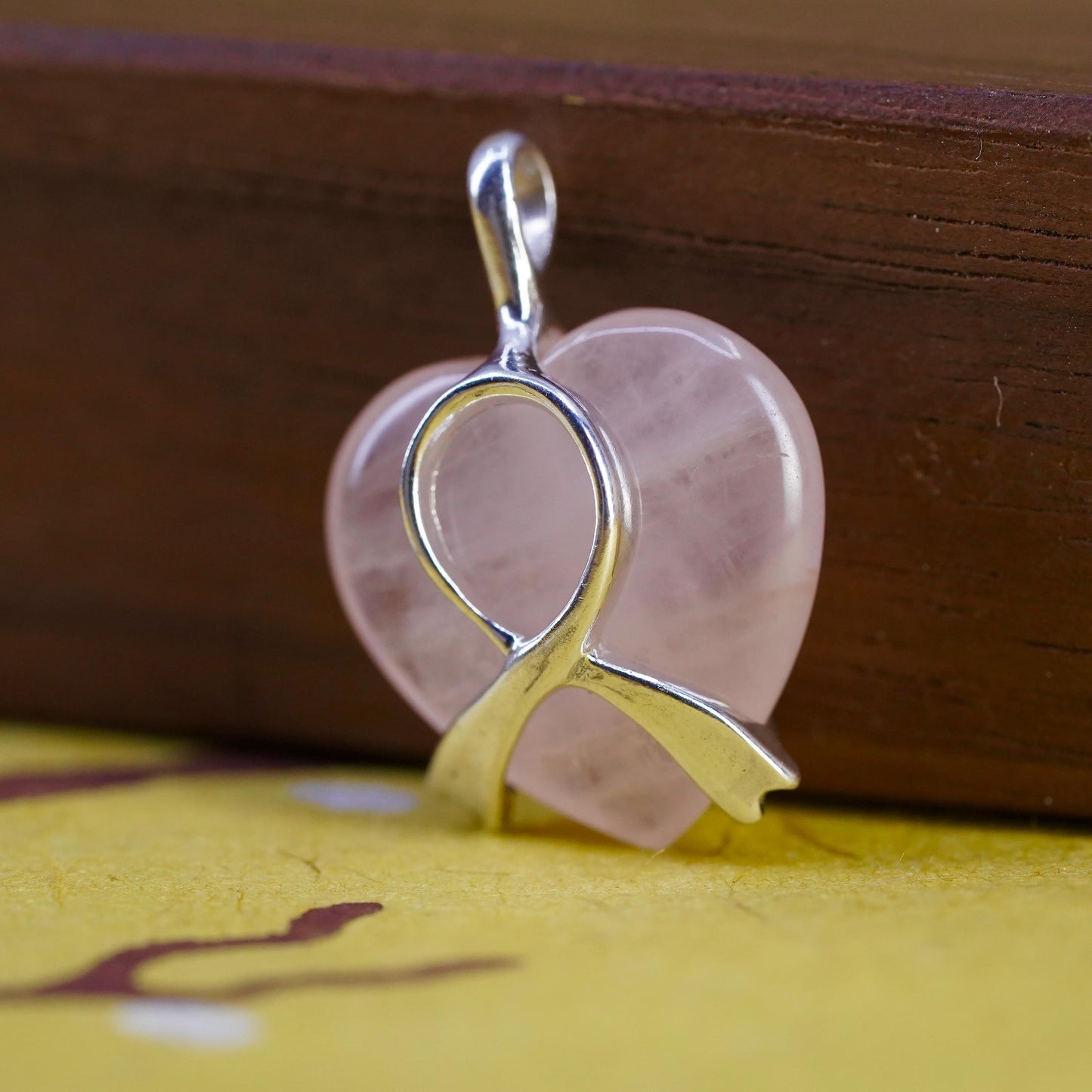 Sterling 925 silver heart pendant with pink quartz breast cancer cure ribbon