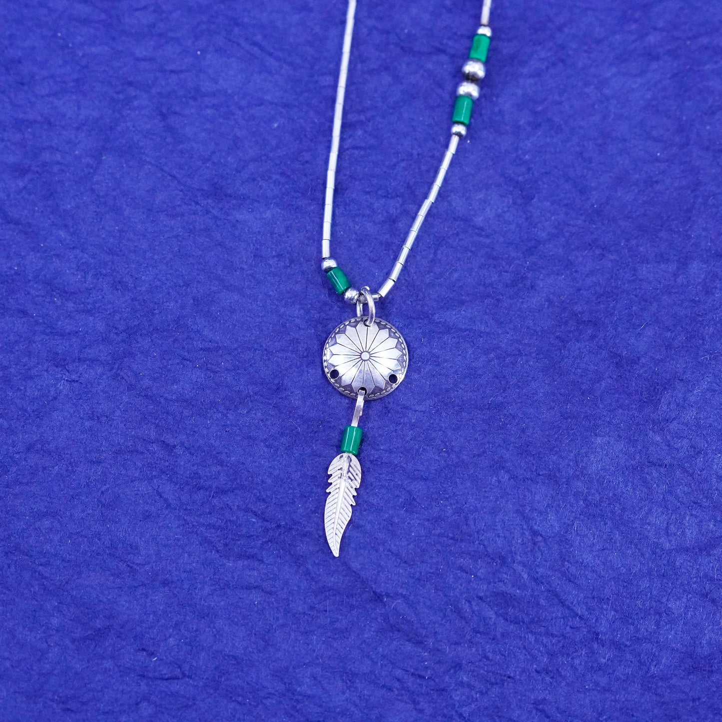 16”, Native American Navajo Sterling 925 liquid silver chain turquoise feather