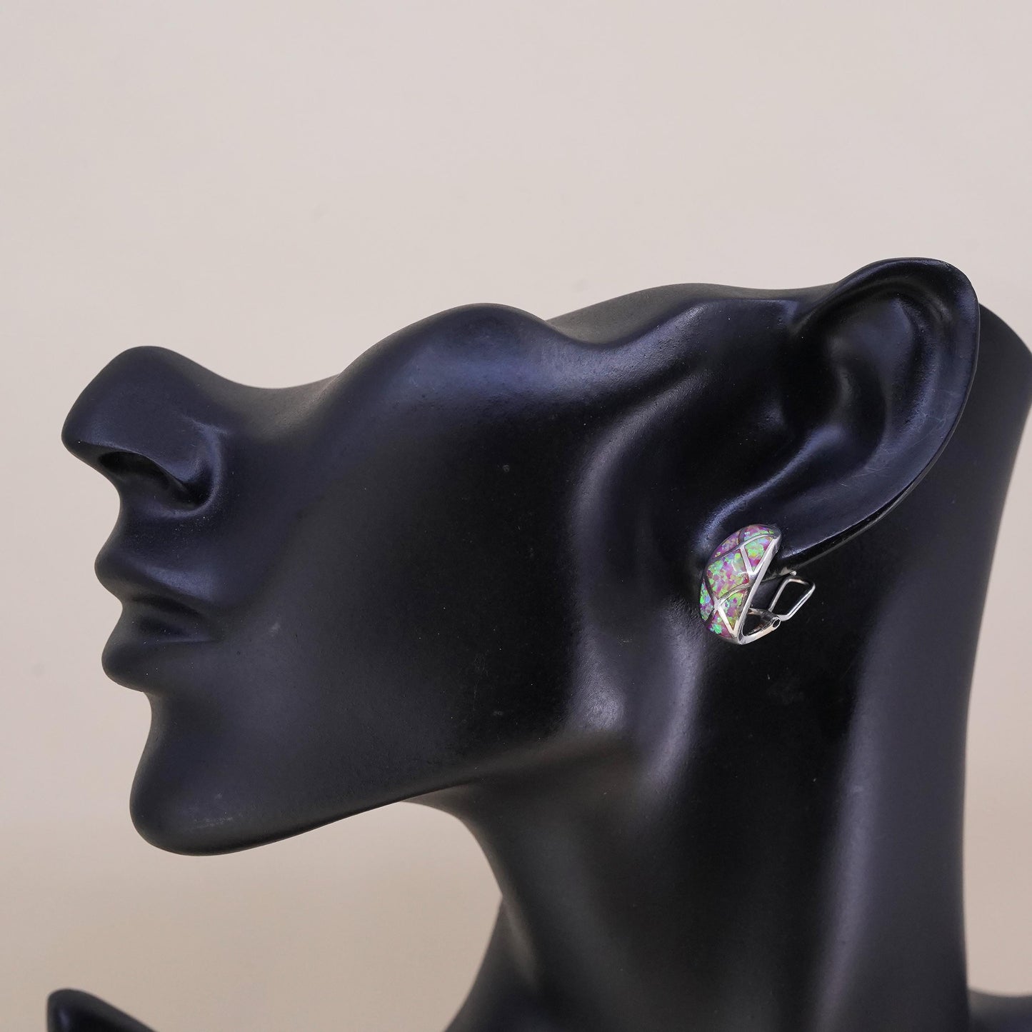 Vintage handmade single earring. Sterling 925 silver stud with opal inlay