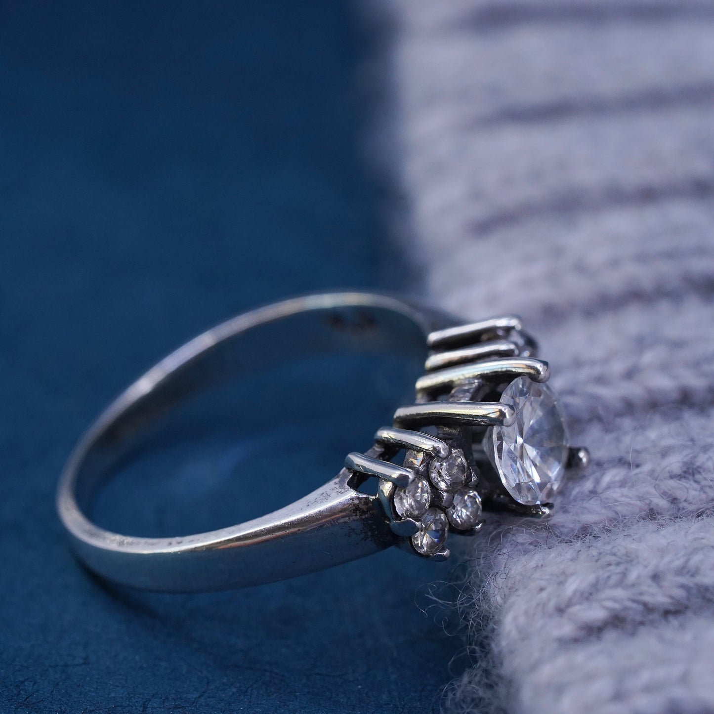 Size 10, vintage Sterling 925 silver engagement ring with cluster Cz around