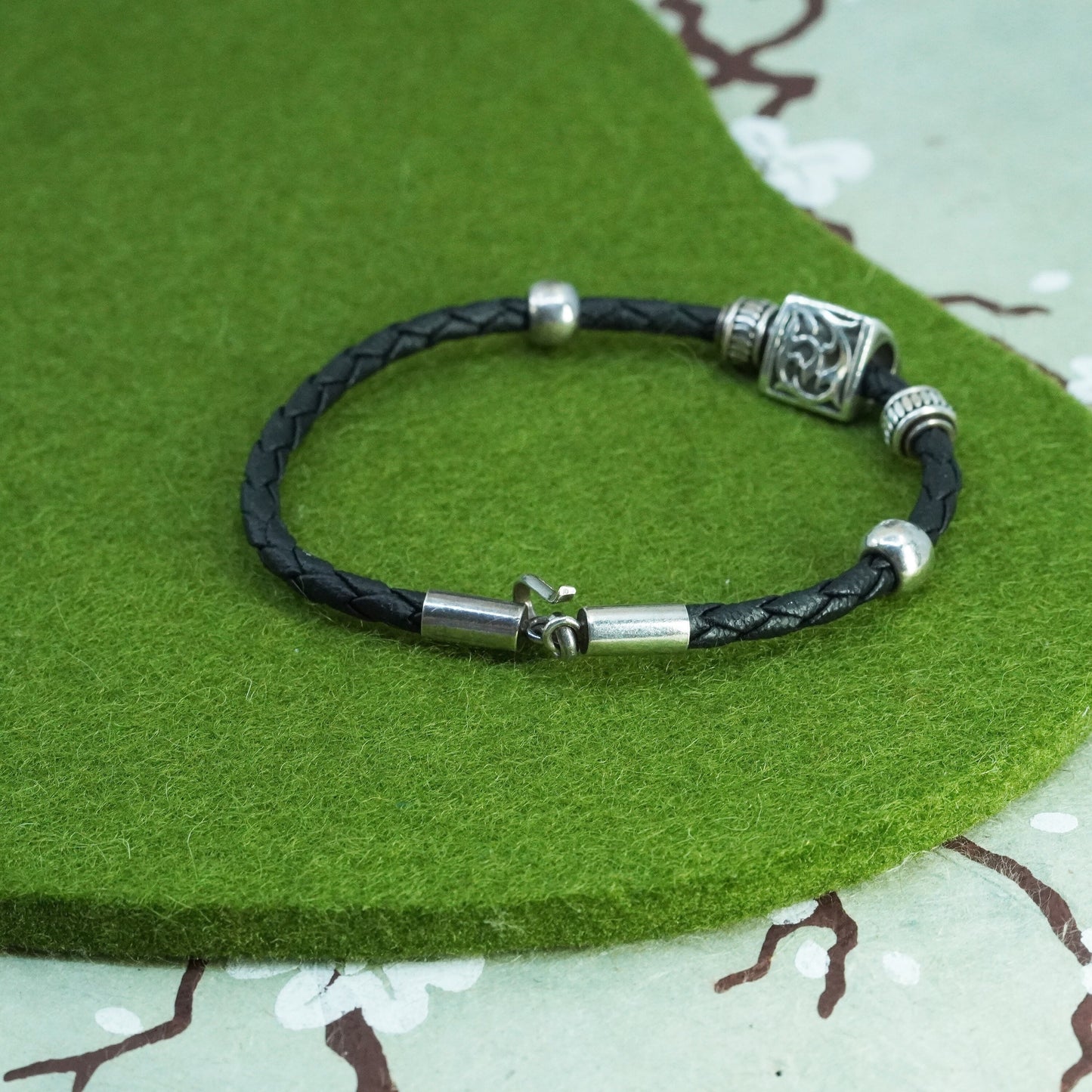 6.25”, woven black leather chain, 925 Mexico silver triangular charm bracelet