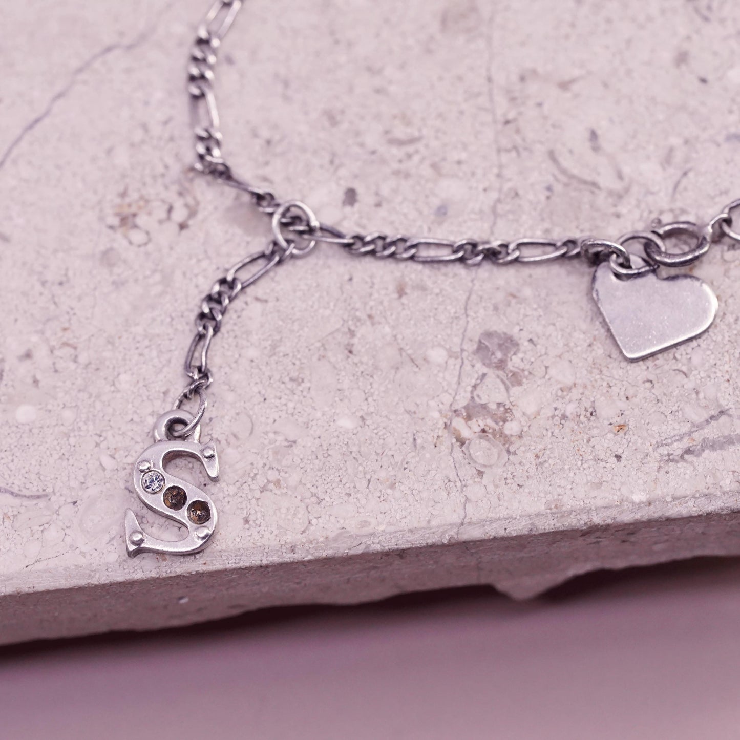 10.5", Italian Sterling 925 silver figaro chain anklet letter S heart charms