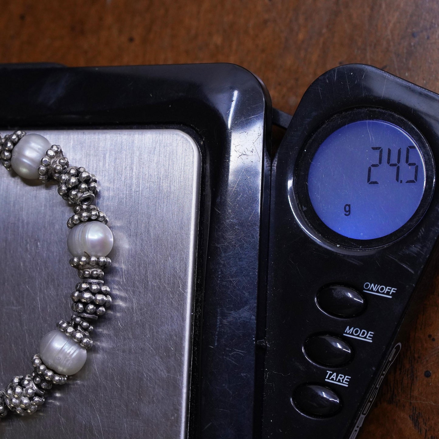 7.5", Vintage Sterling silver handmade bracelet, 925 beaded chain with pearl