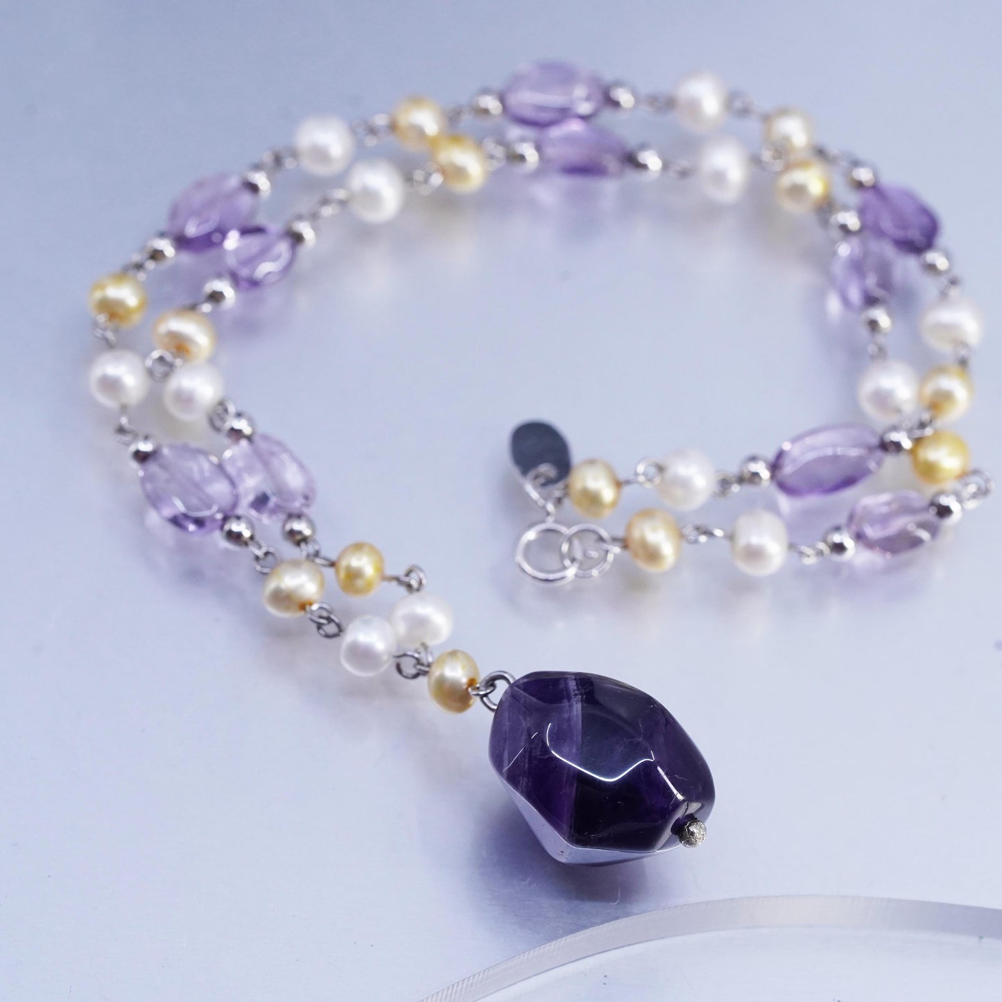 16", Sterling 925 silver necklace with pearl beads and nugget amethyst pendant