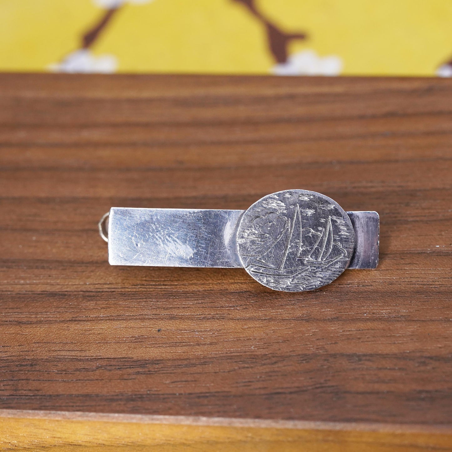sterling silver handmade tie clip, modern 925 ribbed tie clip with sailing boat