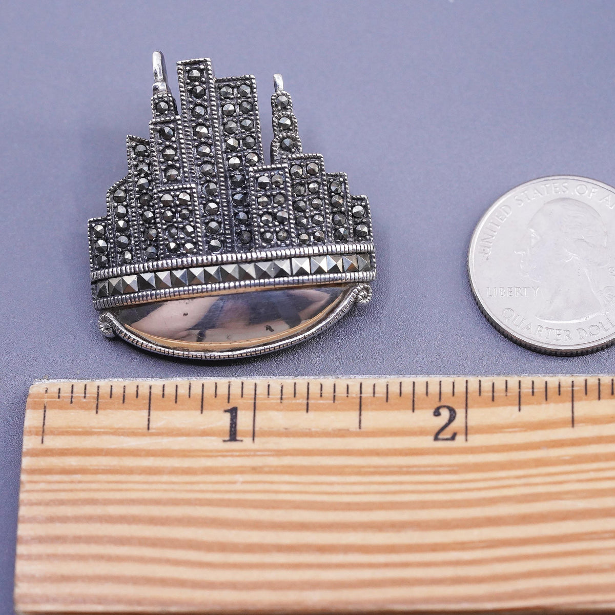 DBJ Sterling 925 Silver Marcasite Art Deco New York City Skyline Brooch Pendant