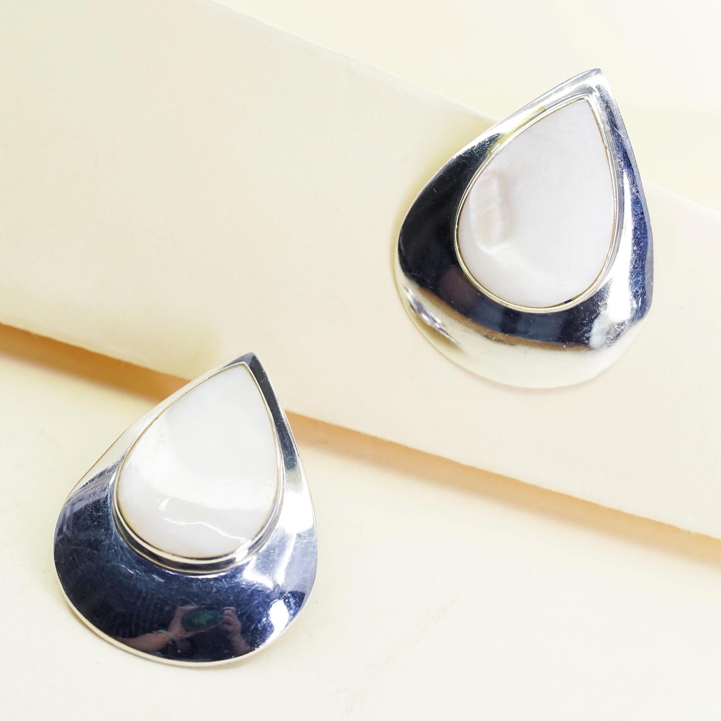 Vintage Sterling silver handmade earrings, 925 teardrop studs mother of pearl