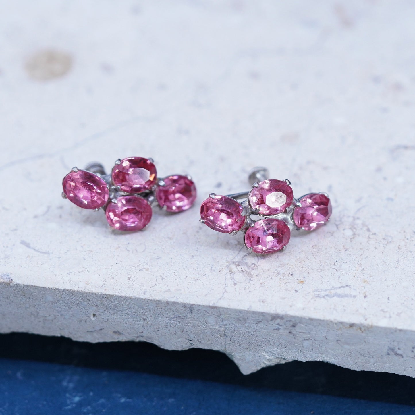 Vintage Sterling silver 925 screw back earrings with pink rhinestones