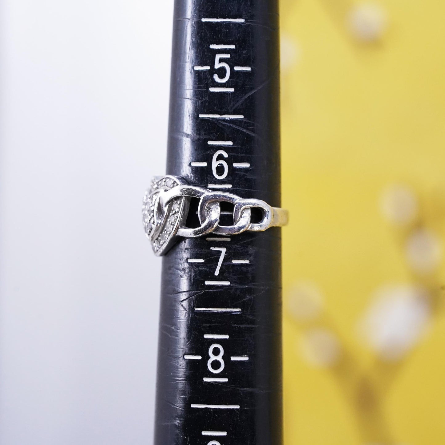 Size 6.5, vintage Sterling silver ring, 925 heart band with cluster diamonds